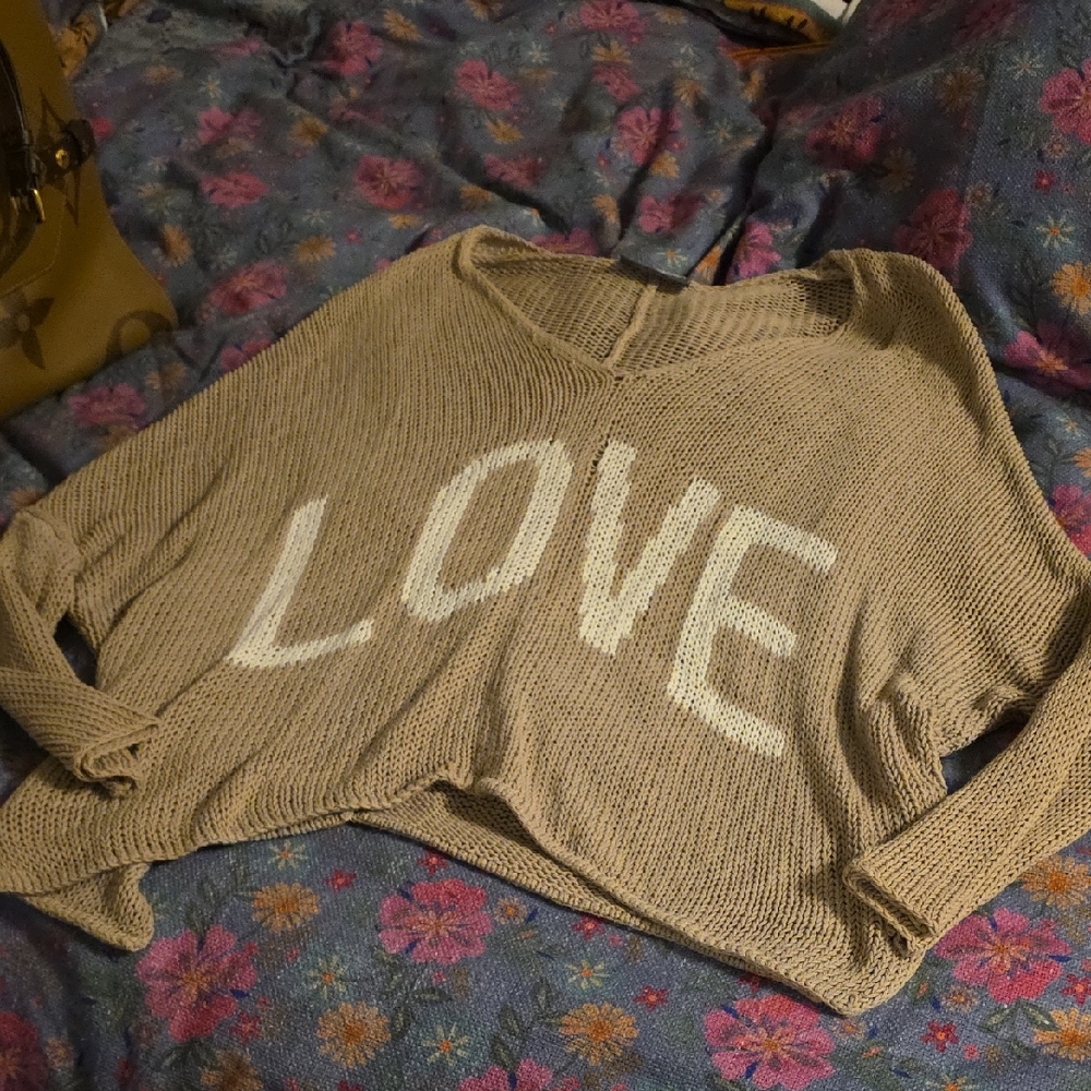 Wooden Ships Tan V-Neck Sweater with 'LOVE' Design